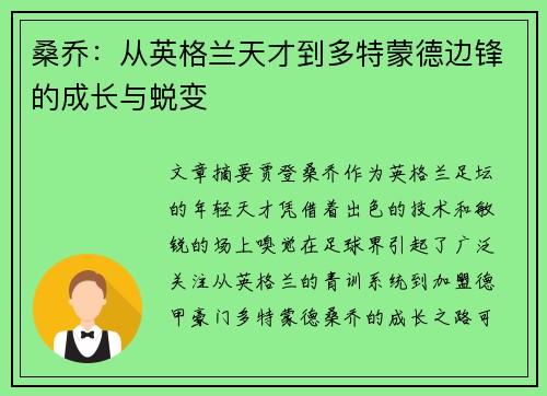 桑乔：从英格兰天才到多特蒙德边锋的成长与蜕变
