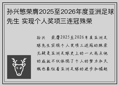 孙兴慜荣膺2025至2026年度亚洲足球先生 实现个人奖项三连冠殊荣