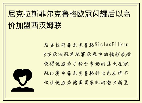 尼克拉斯菲尔克鲁格欧冠闪耀后以高价加盟西汉姆联 尼克拉斯菲尔克鲁格欧冠闪耀后以高价加盟西汉姆联